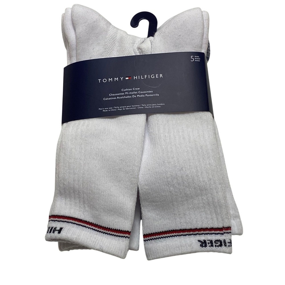 Tommy Hilfiger Mens 5 Pack Cushion Crew Socks White Athletic Ribbed NWT